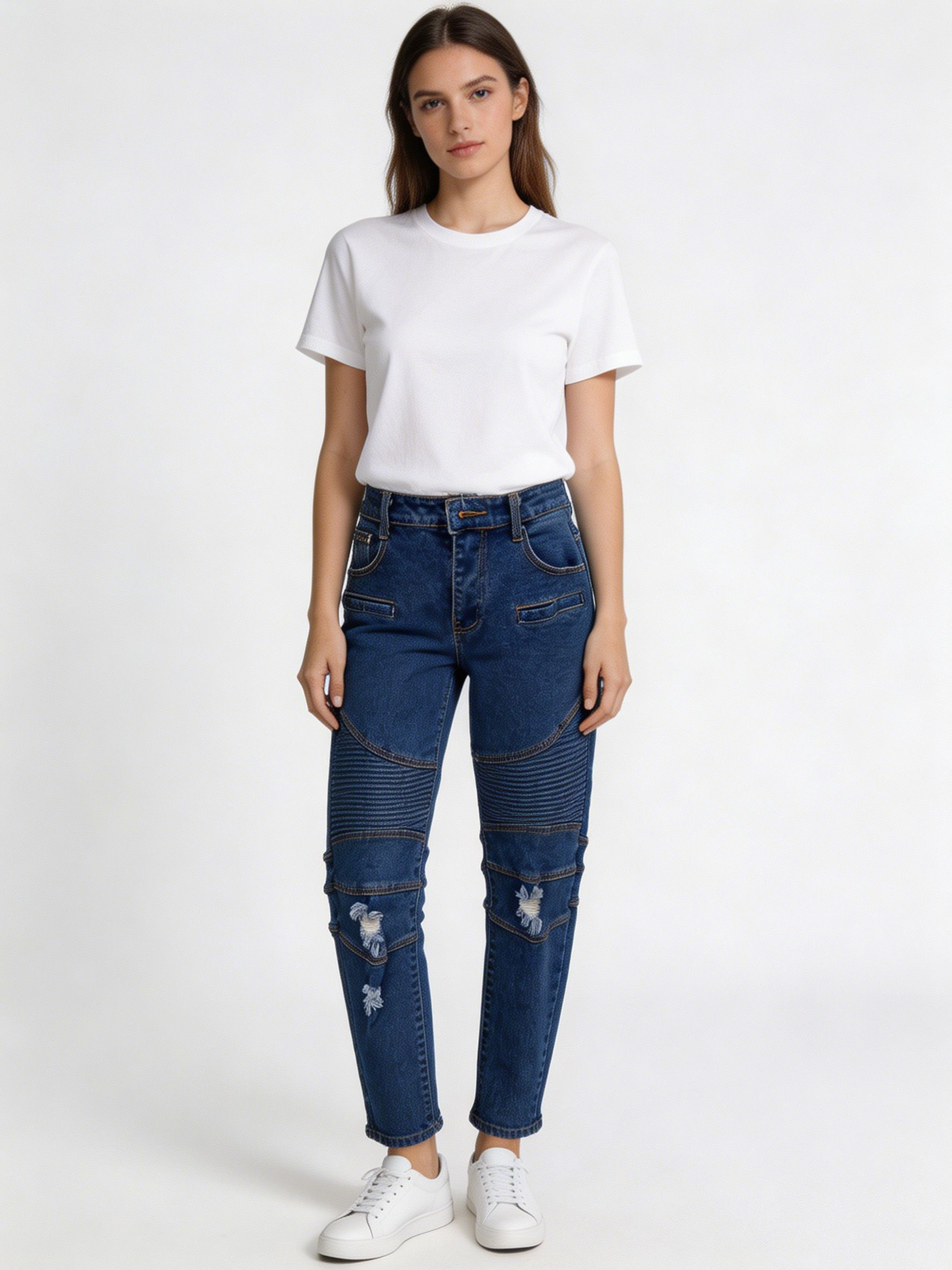 High-Waist Distressed Indigo Denim Pants with Ribbed Panel and Ripped Knees ZY6070