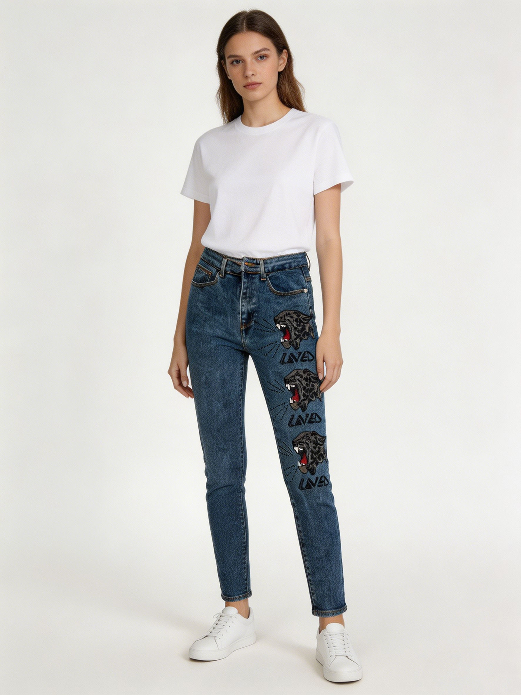 Y2K Rhinestone Tiger Pattern High Waisted Slim Jeans for Women ZY6071