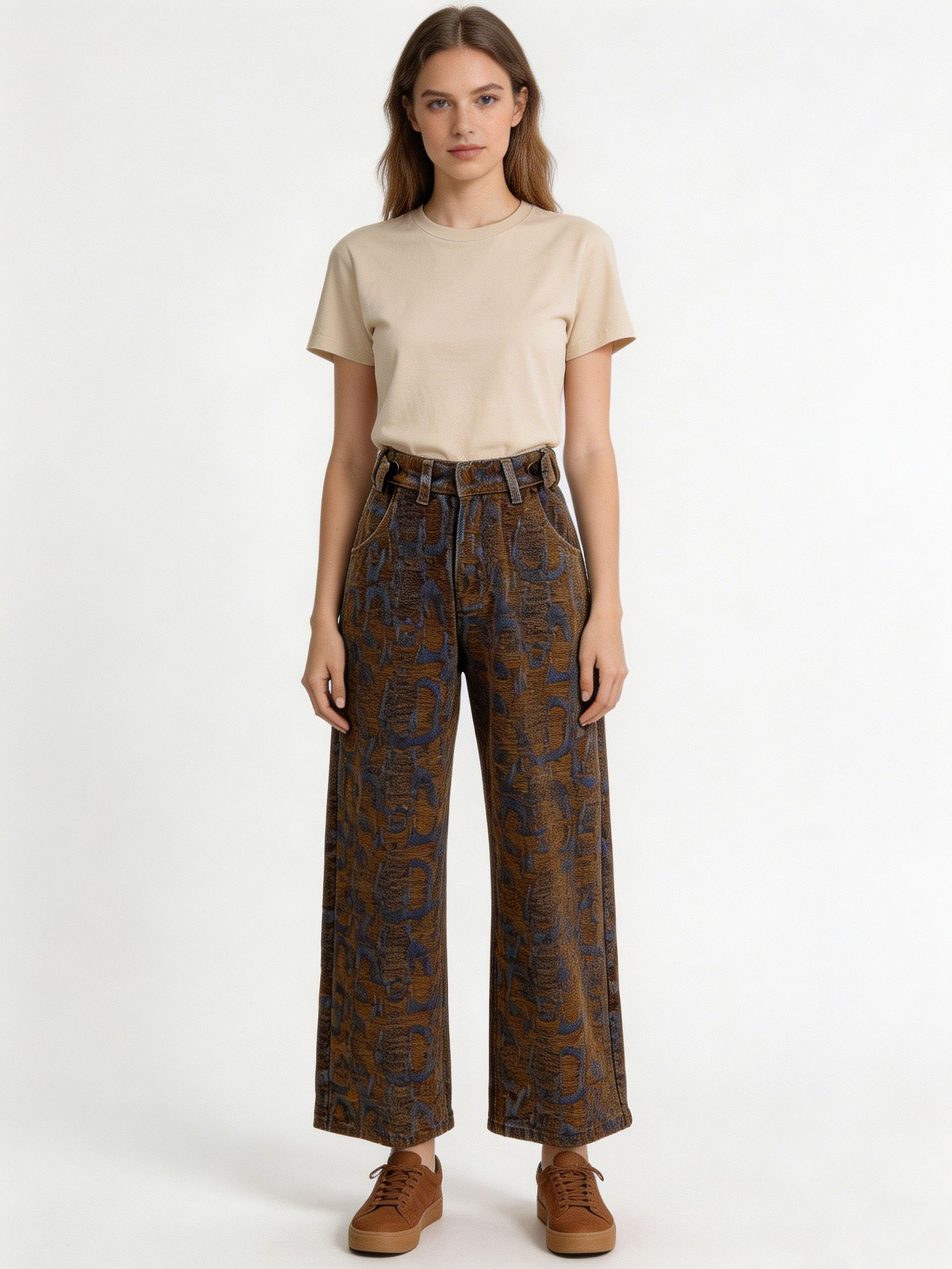 Y2K Streetwear Jacquard Pattern Straight Jeans Women Earth Tone Pants ZY6073