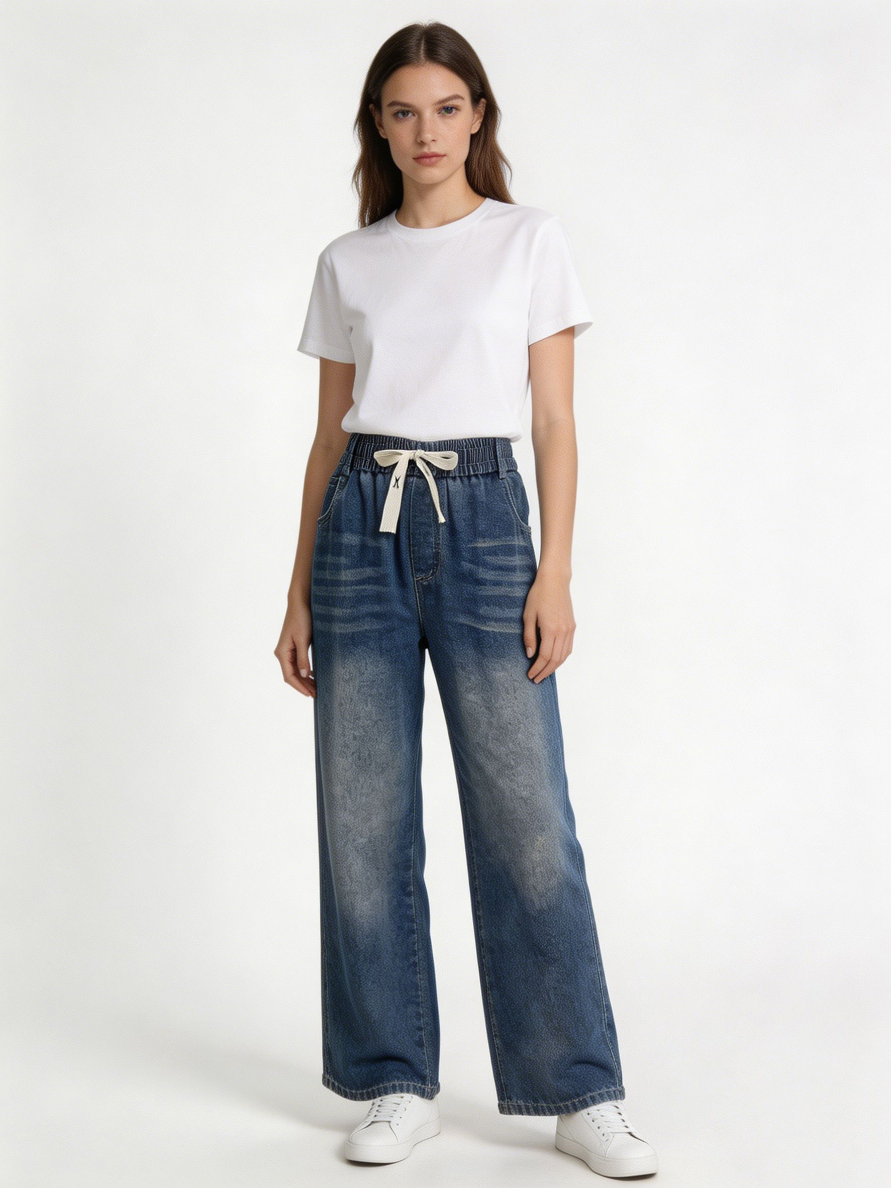 Casual Drawstring Elastic Waist Wide Leg Women Denim Pants ZY6074