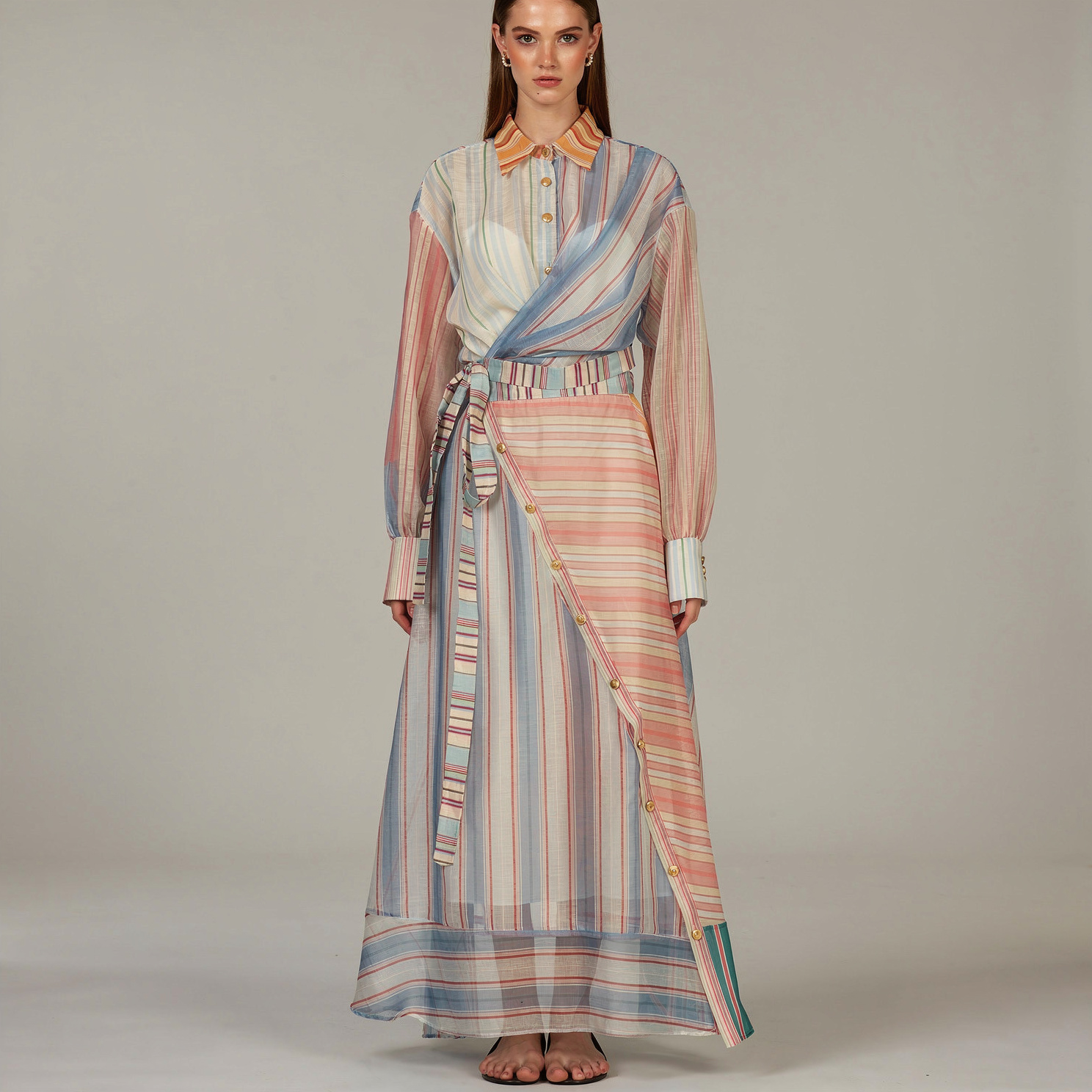 Women’s Striped Chiffon Belted Wrap Shirt Midi Dress LA-030413