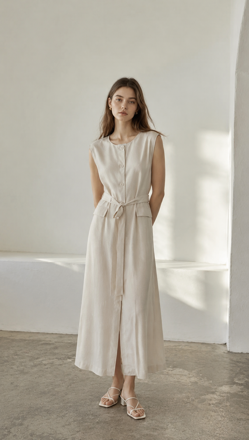 Quiet Luxury Linen Look Sleeveless Button Down Midi Dress with Belt AN-121011