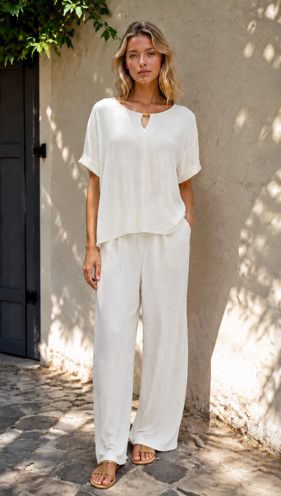 Minimalist V-Neck Keyhole Blouse Metal Ring Detail Relaxed White Top AN-121015