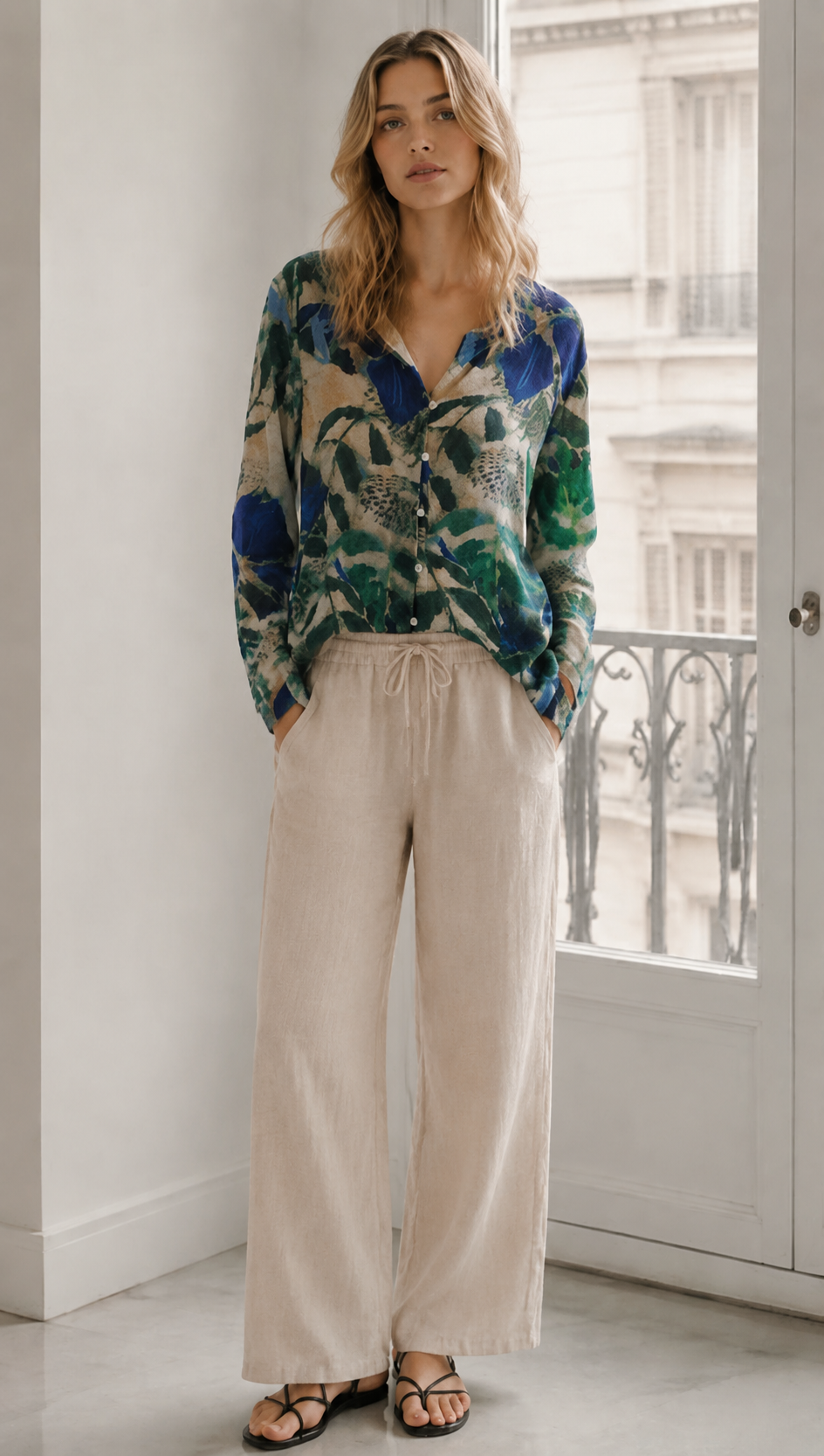 Floral Print Linen Blend Shirt – Casual V-Neck Button Down Loose Fit Resort Blouse AN-121007