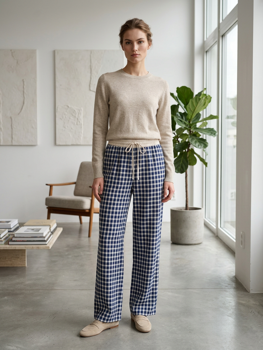 Women’s Gingham Drawstring Wide Leg Pants AN-620061