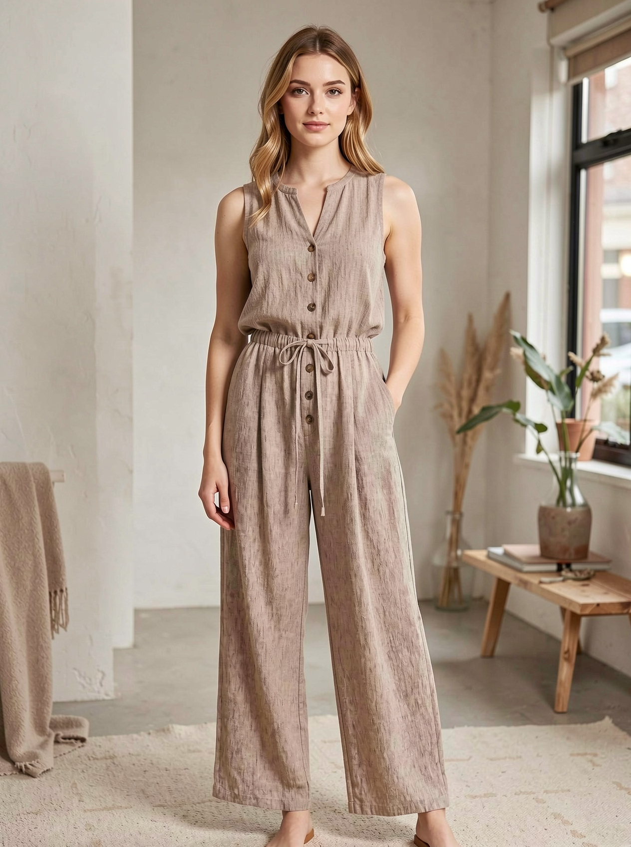 Women’s Casual Linen Elastic Waist Wide Leg Pants AN-760010