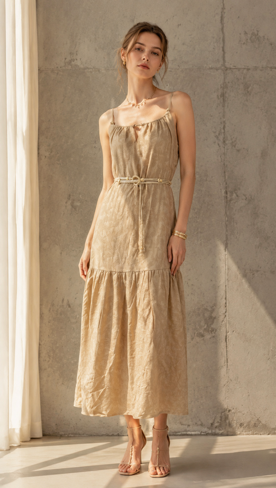 Minimalist Beaded Belted Tiered Maxi Dress - Premium Boho Chic Fashion AN-620053