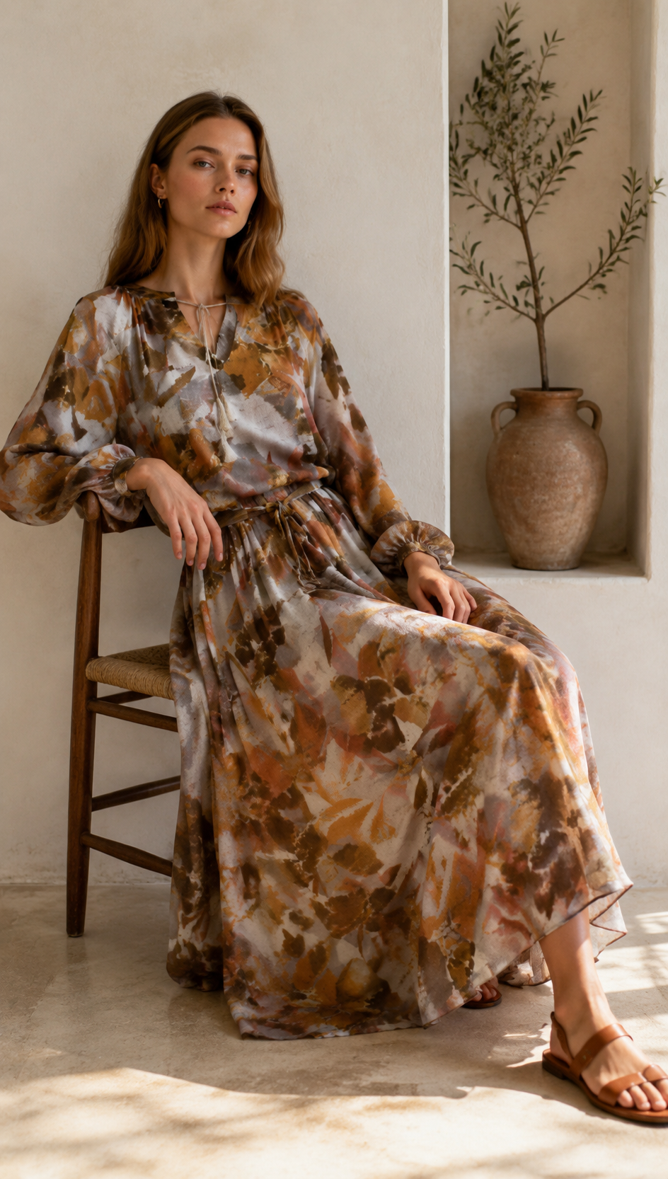 Boho Floral Maxi Dress – V-Neck Tassel Tie Loose Fit Long Sleeve Resort Dress AN-121008