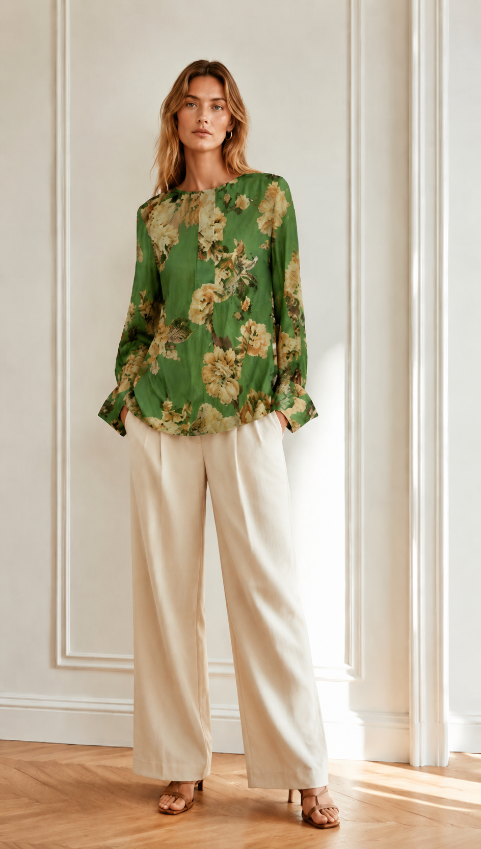 Minimalist Floral Print Long Sleeve Blouse - Premium Linen Look AN-620018