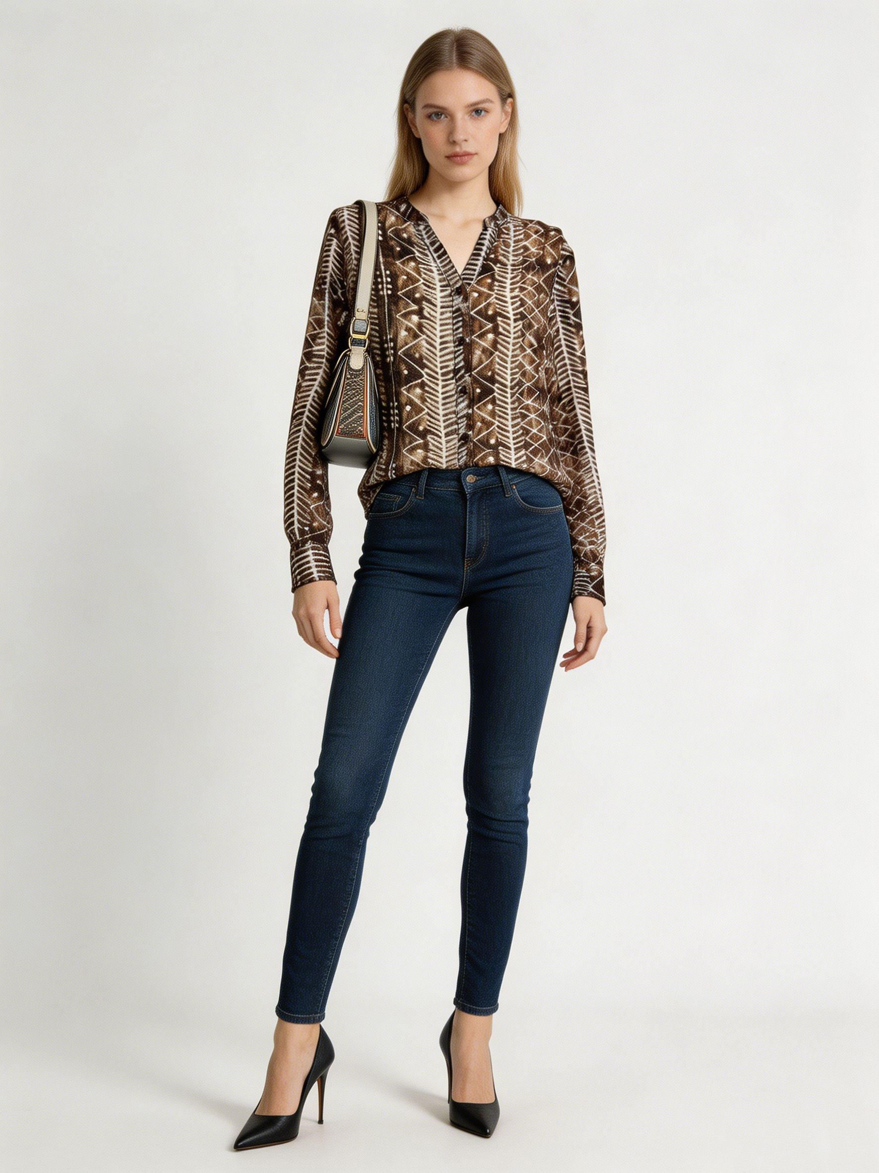 Women’s Sheer Boho Geometric Print Cropped Shirt A-43138