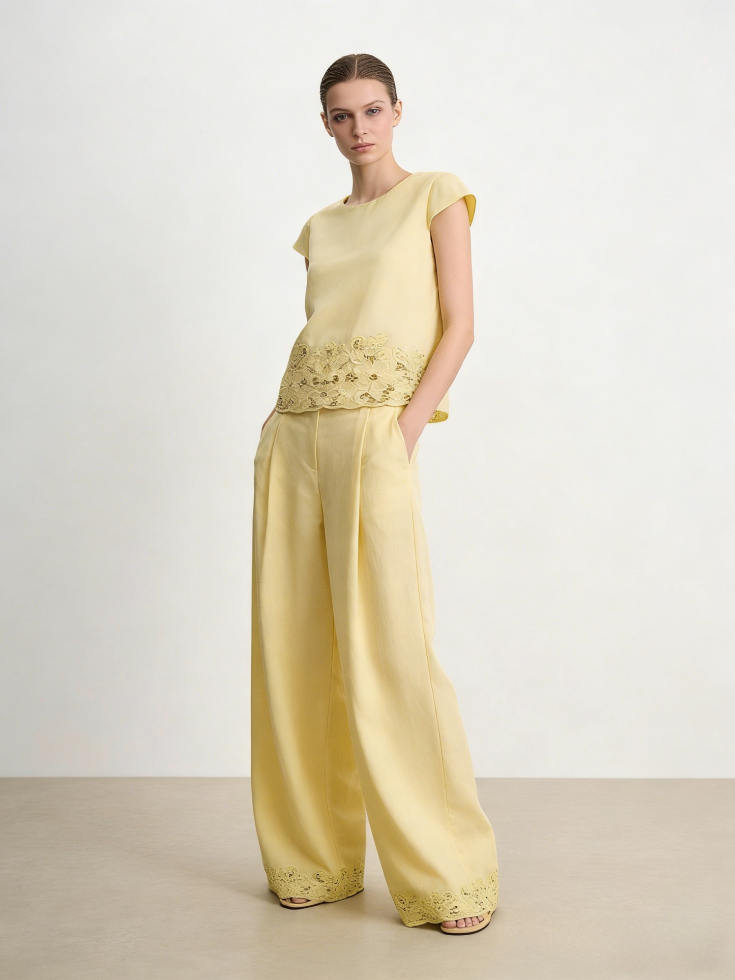 Premium Cut-out Embroidery Linen Top, Elegant Summer Resort Wear A-42591