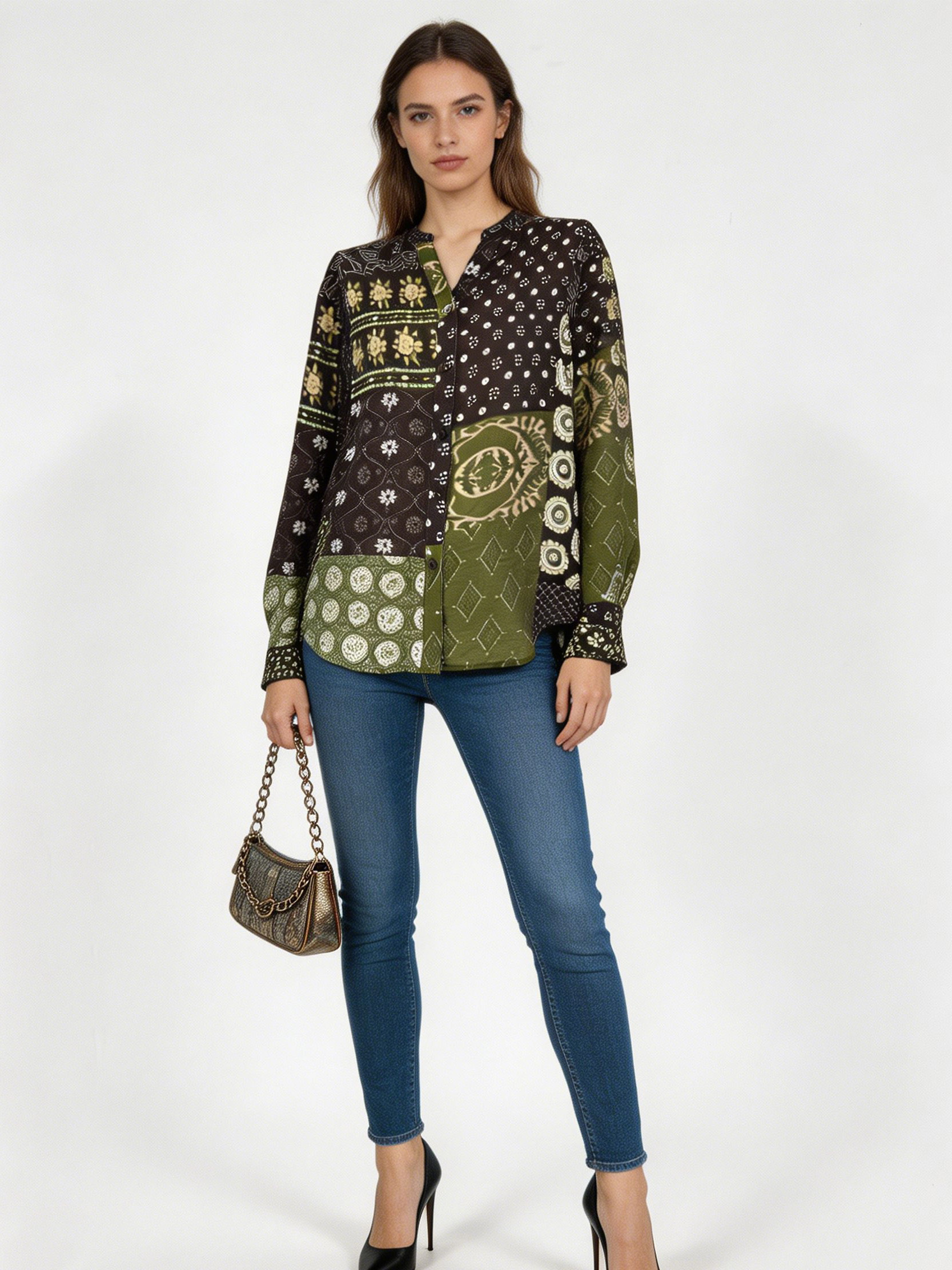 Women’s Boho Patchwork Print Button Down Shirt A-43175