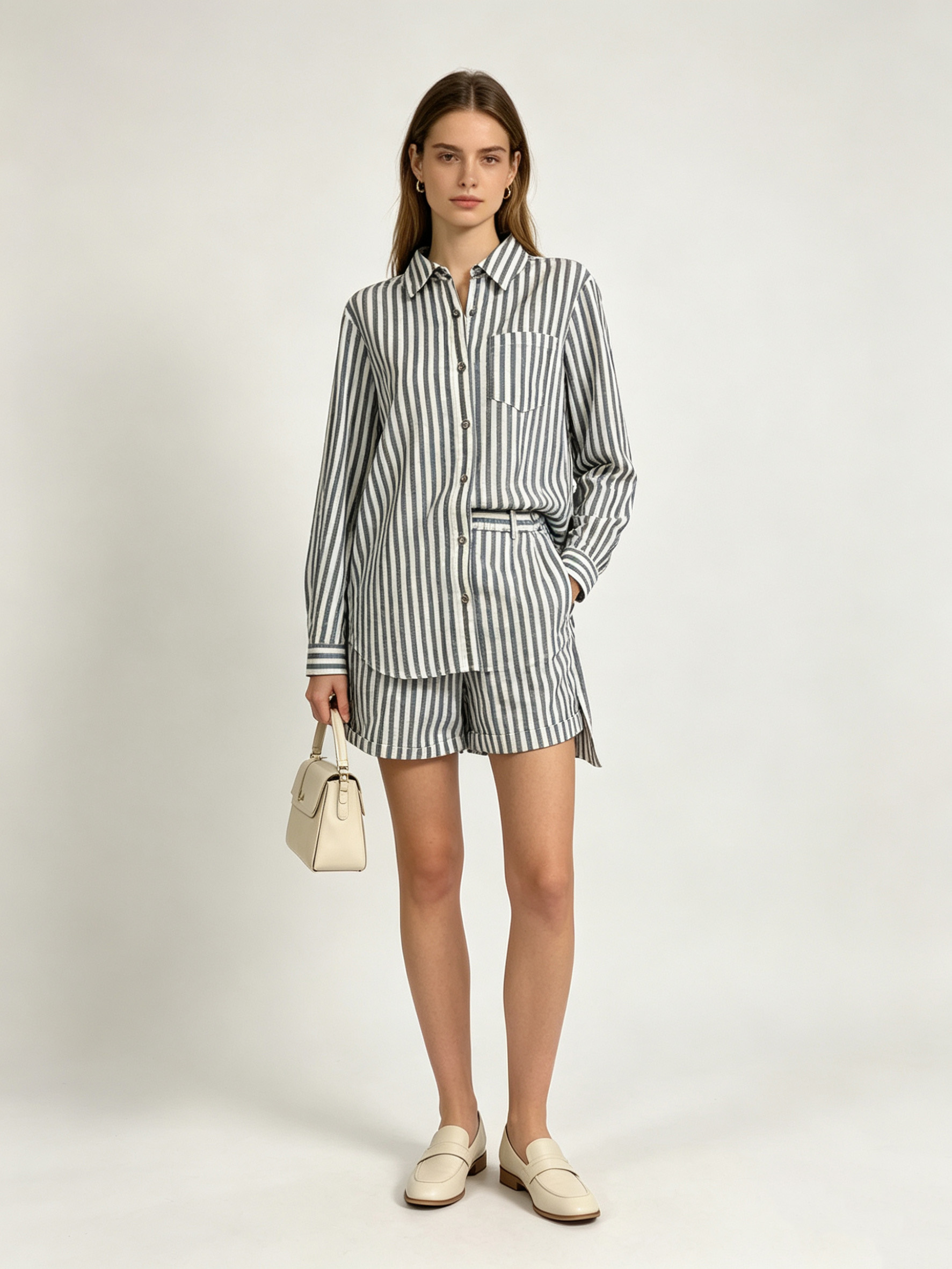 Elegant Blue White Striped Casual Set - Premium Everyday Outfit A-41621+A-41622