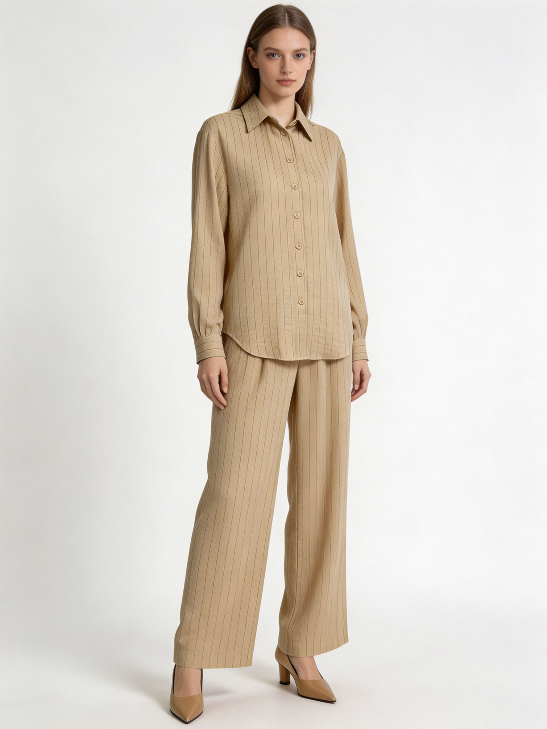 Trending Striped Linen-Blend Two-Piece Set for Women - Office Wear A-43189+A-43190