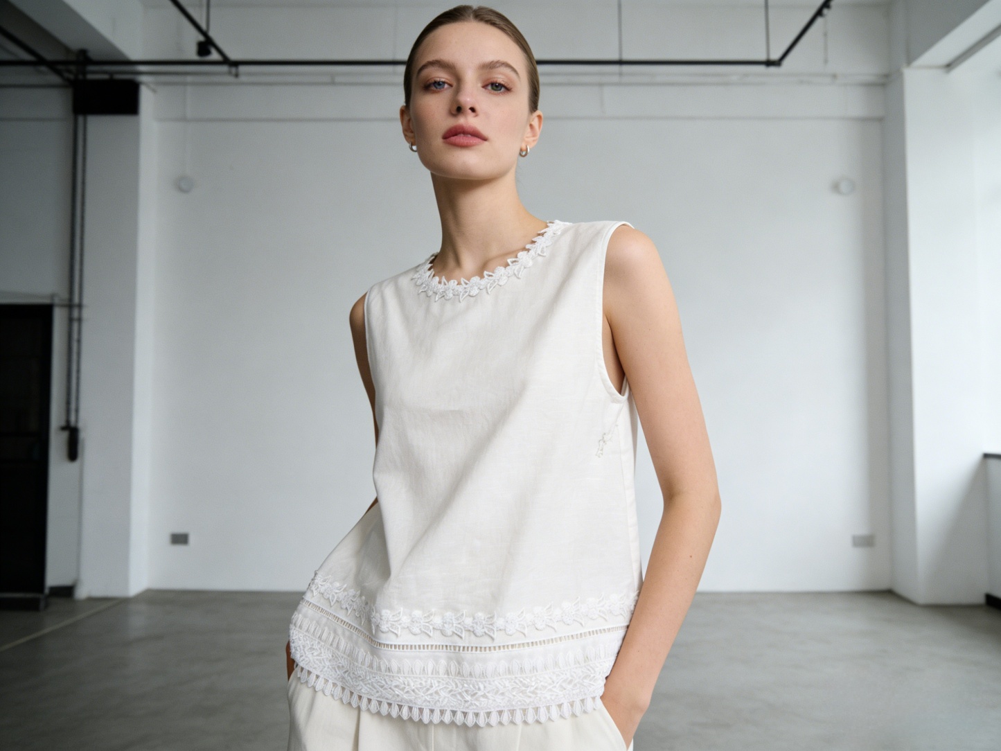 Women’s White Linen Embroidered Sleeveless Top – Summer Casual Resort Blouse A-42605