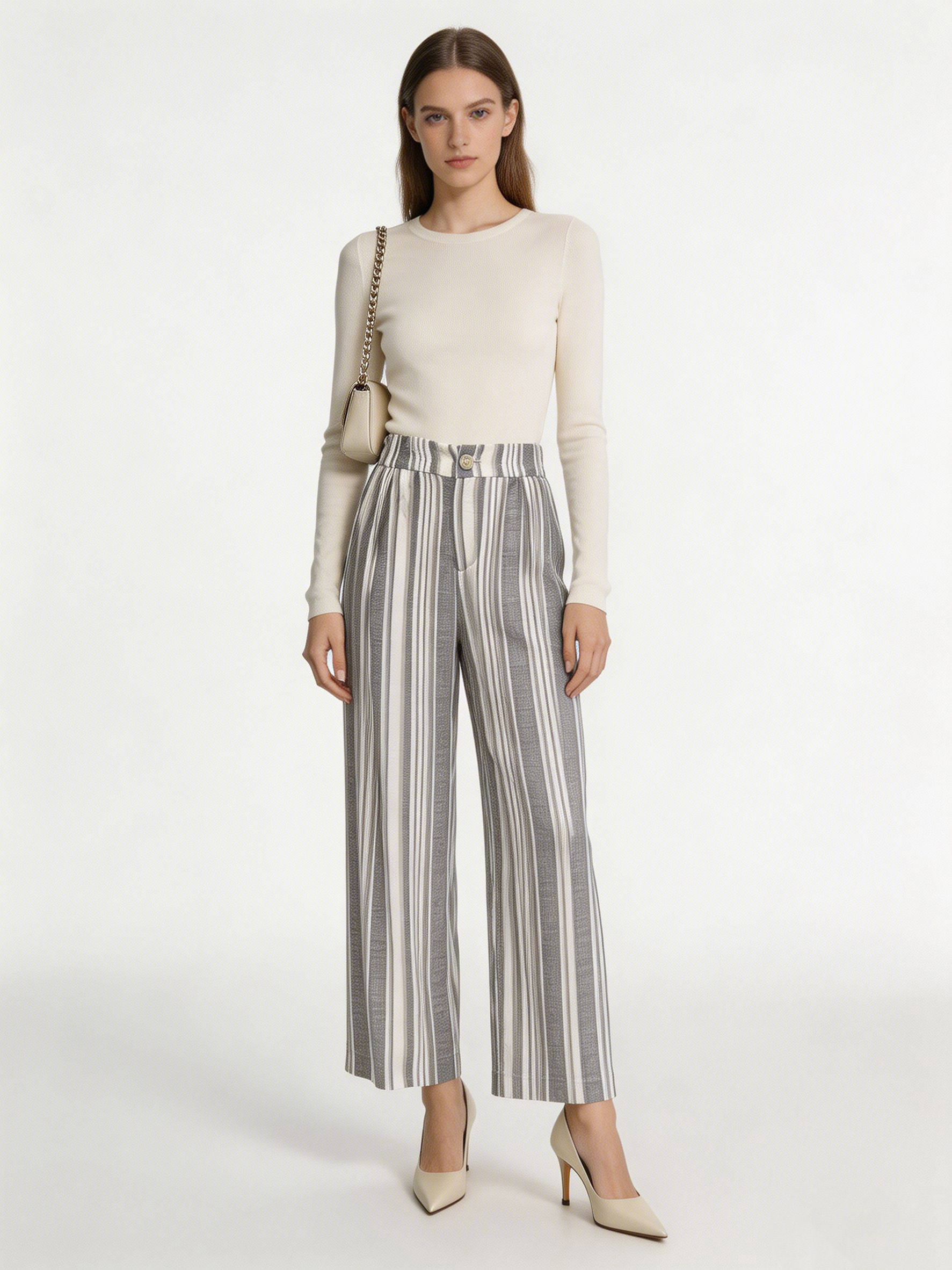 Minimalist Linen-Blend Striped Wide Leg Pants - Chic Office Casual D-40662