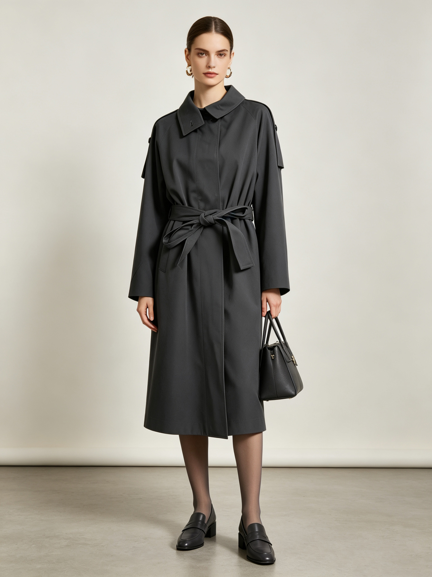 Dark Grey Belted Trench Coat with Asymmetric Collar - Long Outerwear M-42870