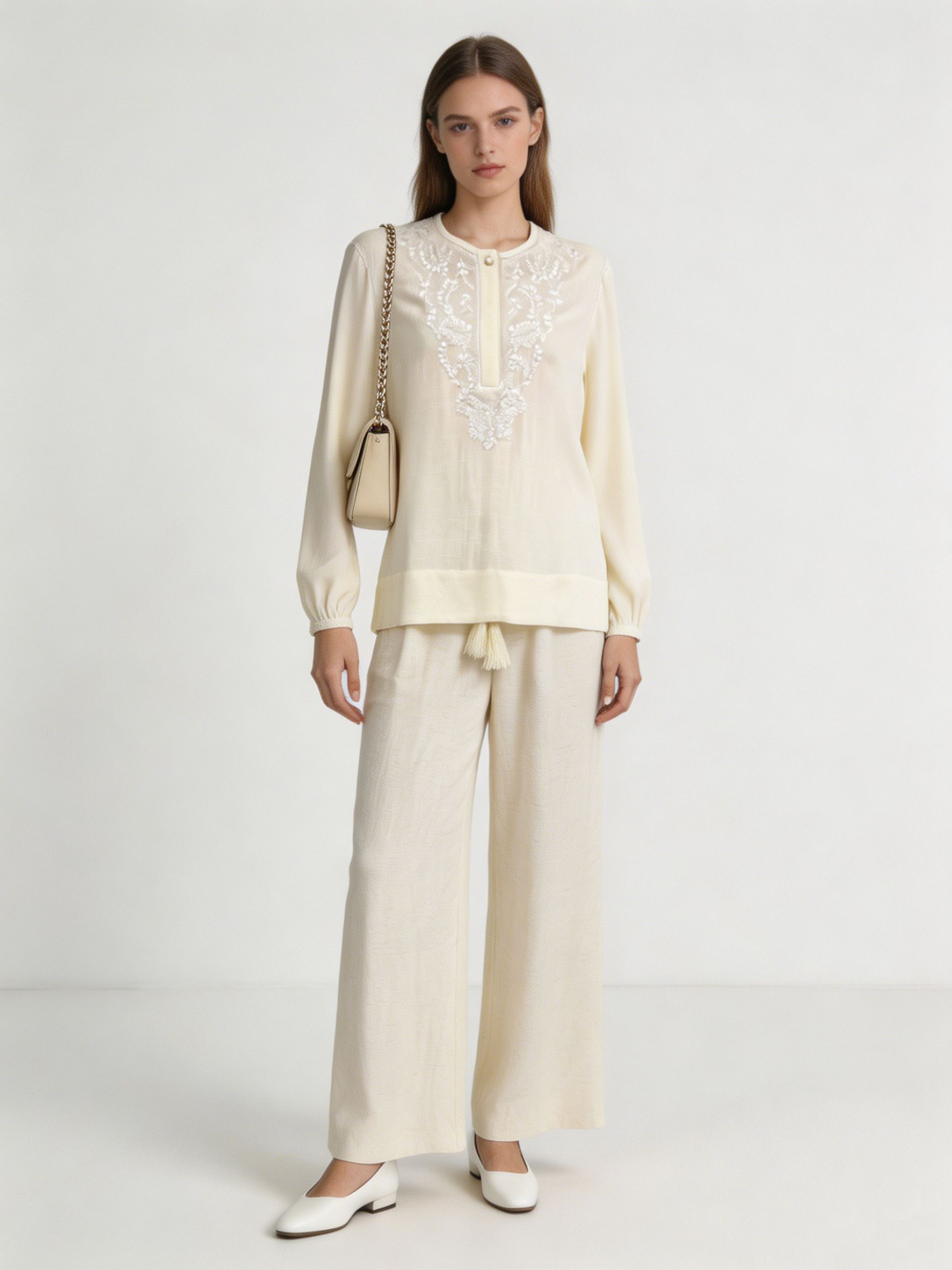 Cream Linen-Blend Embroidered Two-Piece Set - Casual Outfit W-43021+M-42740