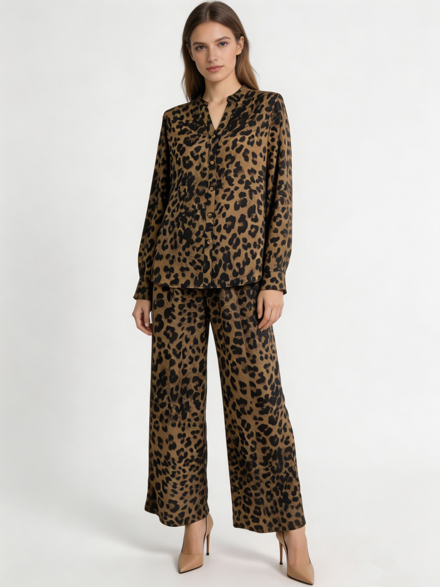 Leopard Print Shirt and Wide Leg Pants Set - Two-Piece Outfit W-43066+W-43064