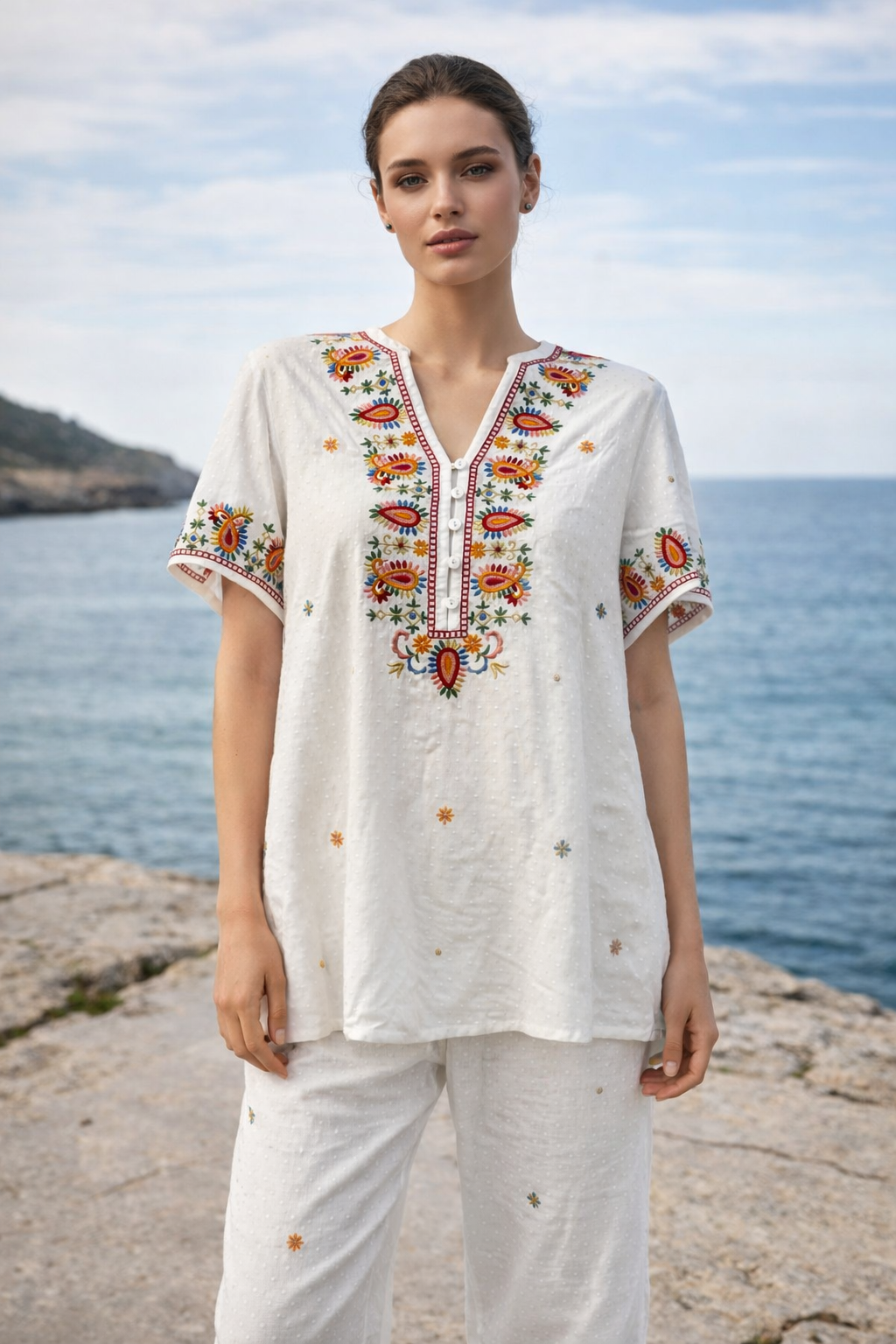 Women’s Boho Embroidered Blouse – Ethnic V Neck Loose Fit Summer Top D-42255