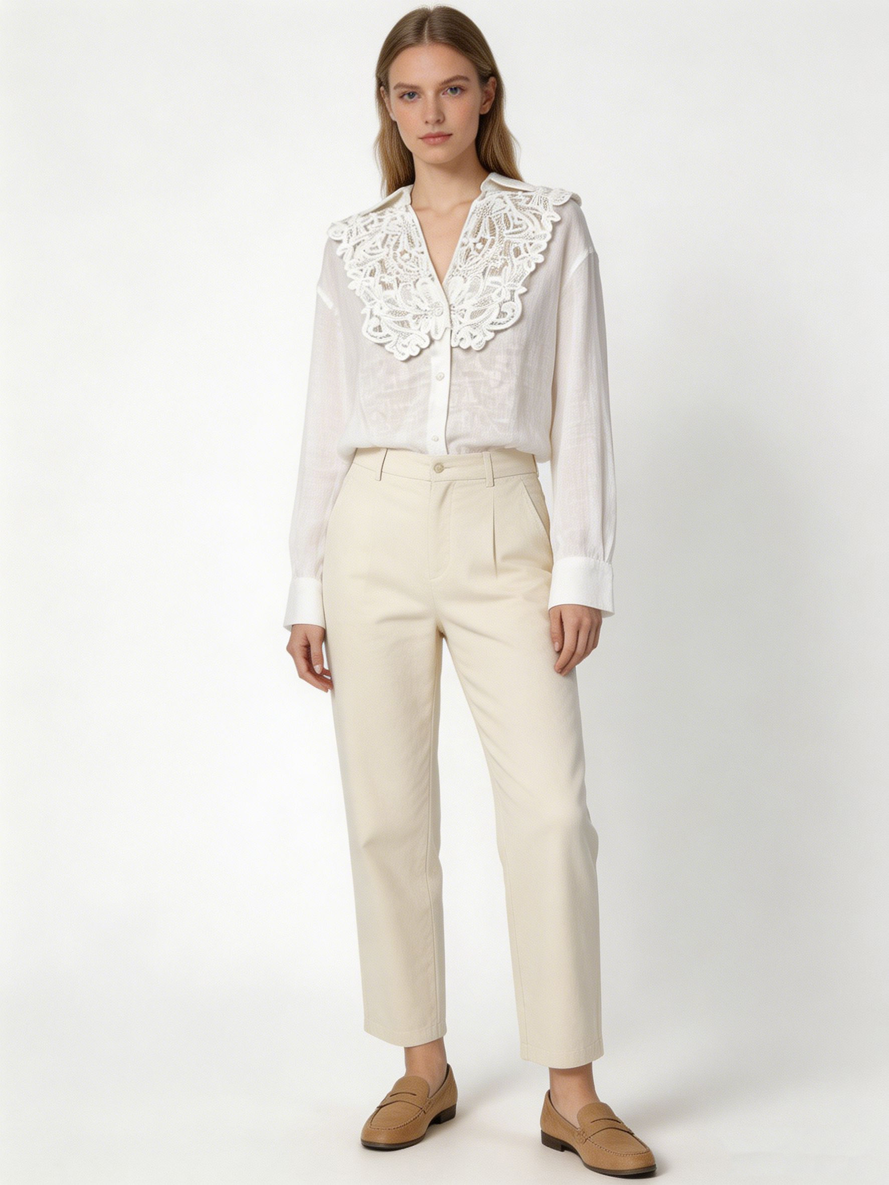 White Linen Shirt with Lace Collar - Casual Long Sleeve Blouse XW-42332