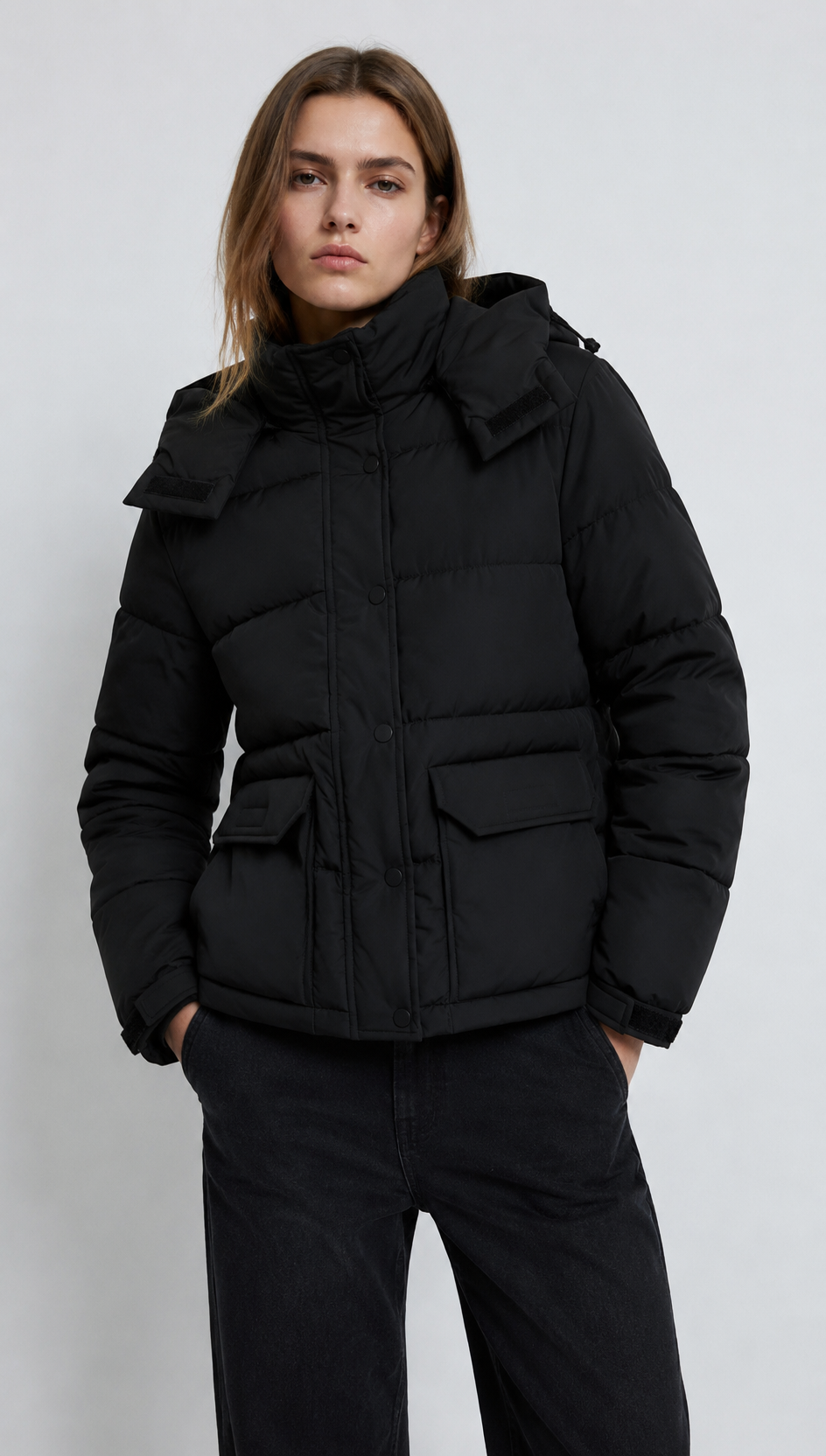 Black Detachable Hooded Puffer Jacket - Short Winter Outerwear WC-002
