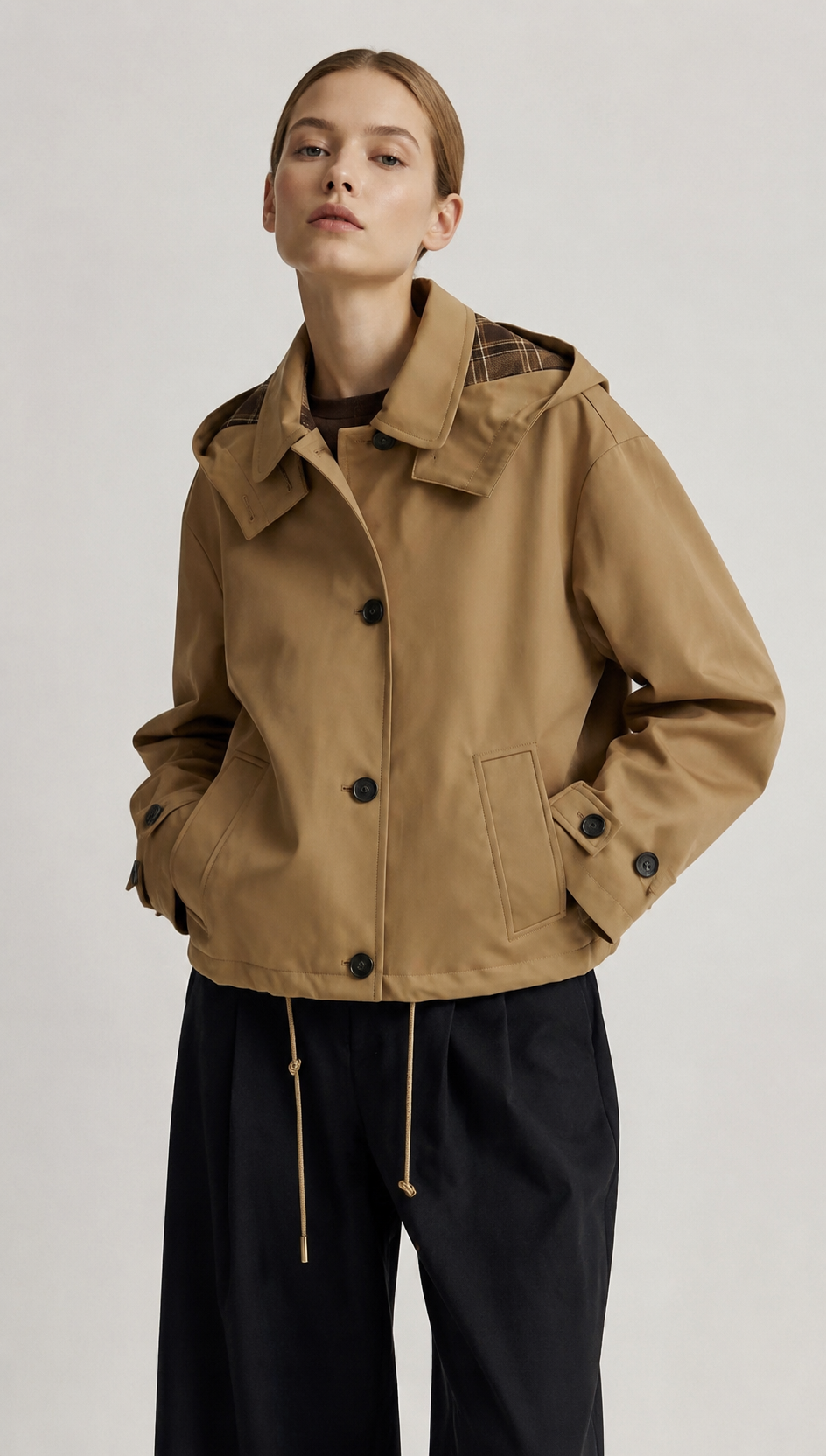 Camel Detachable Hooded Jacket with Plaid Lining - Casual Outerwear WC-003