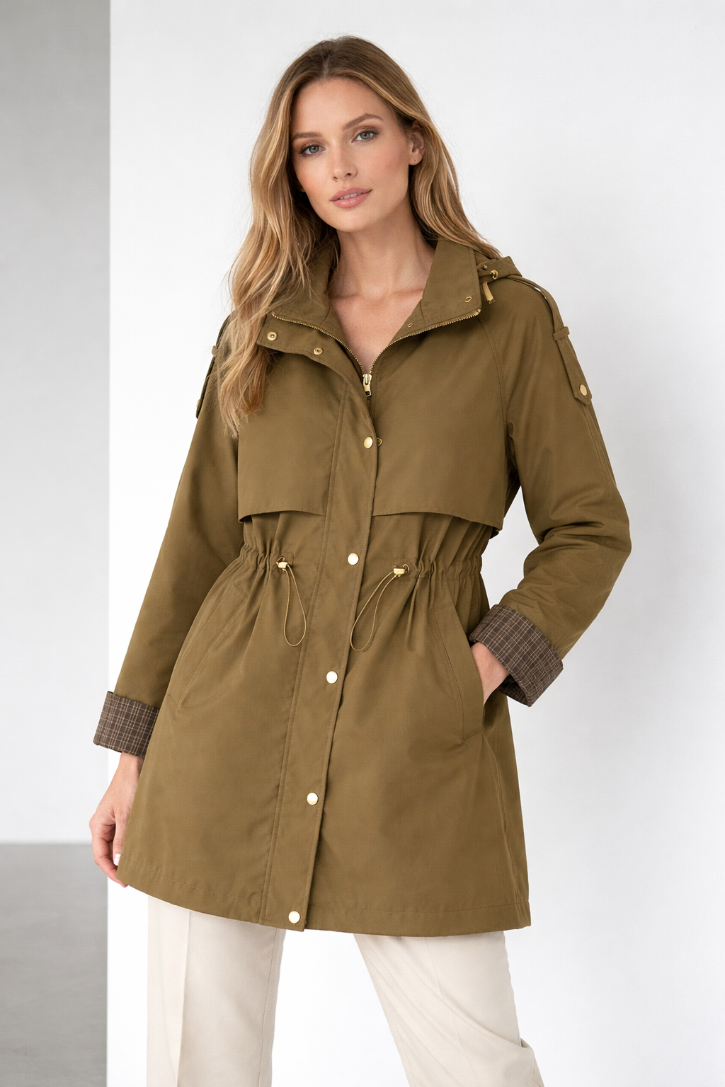 Khaki Drawstring Waist Trench Coat with Plaid Cuffs WC-004