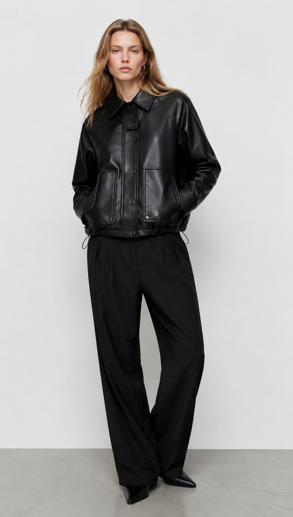 Black Oversized Leather Jacket with Asymmetric Collar WC-005
