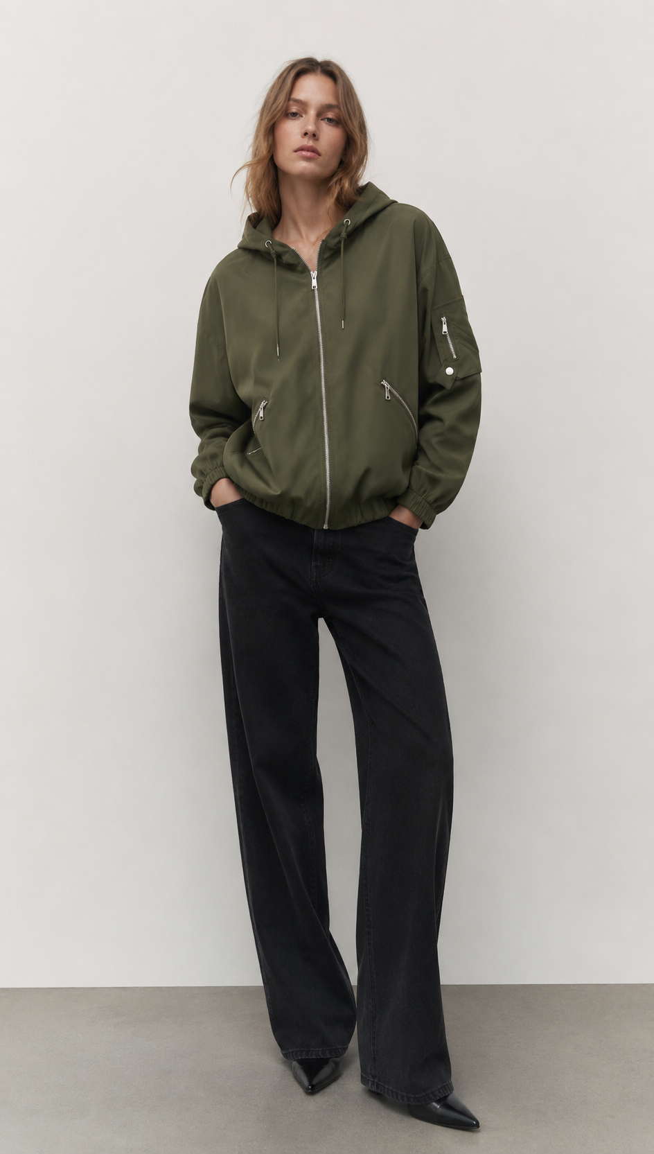 Army Green Hooded Bomber Jacket with Multiple Pockets WC-006