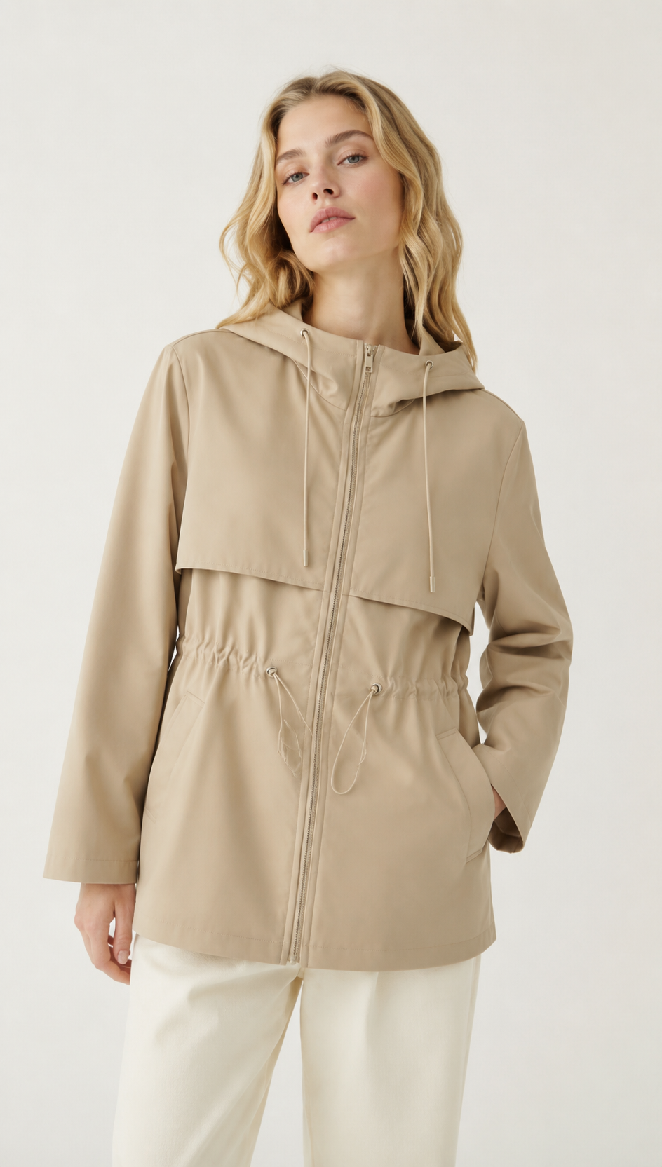 Beige Drawstring Waist Hooded Parka - Casual Outerwear WC-007