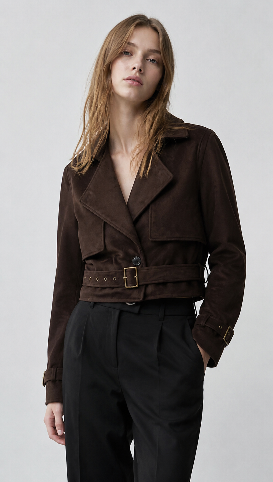 Brown Faux Suede Moto Jacket with Belted Waist WC-008