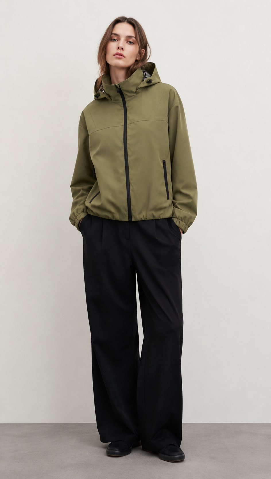 Army Green Hooded Windbreaker Jacket with Black Zippers WC-010
