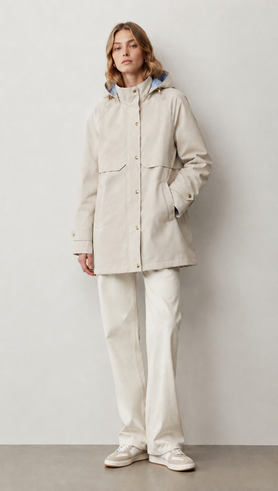 Beige Hooded Trench Coat with Plaid Lining & Gold Buttons WC-011