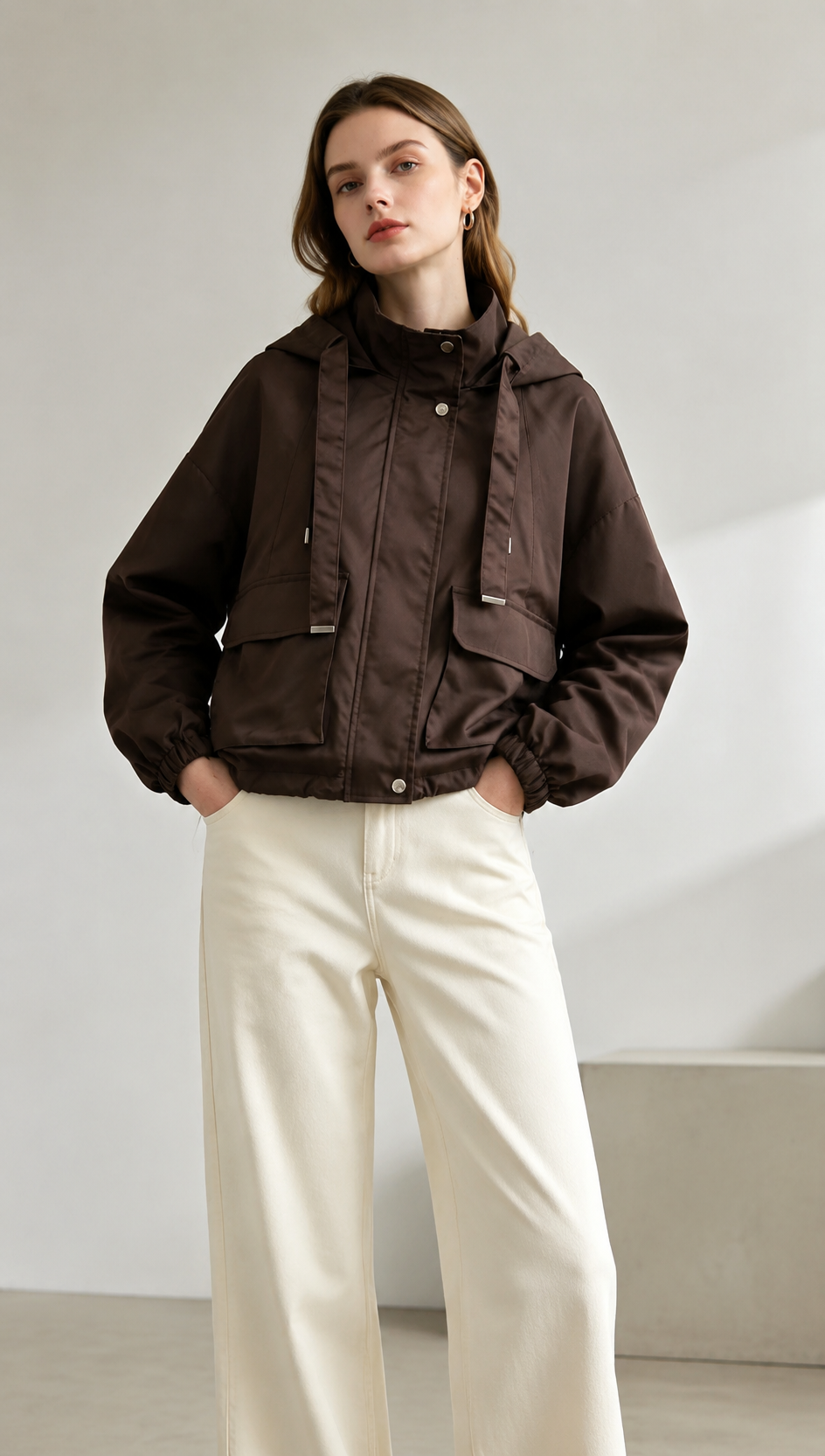 Brown Oversized Hooded Utility Jacket with Drawstrings WC-013