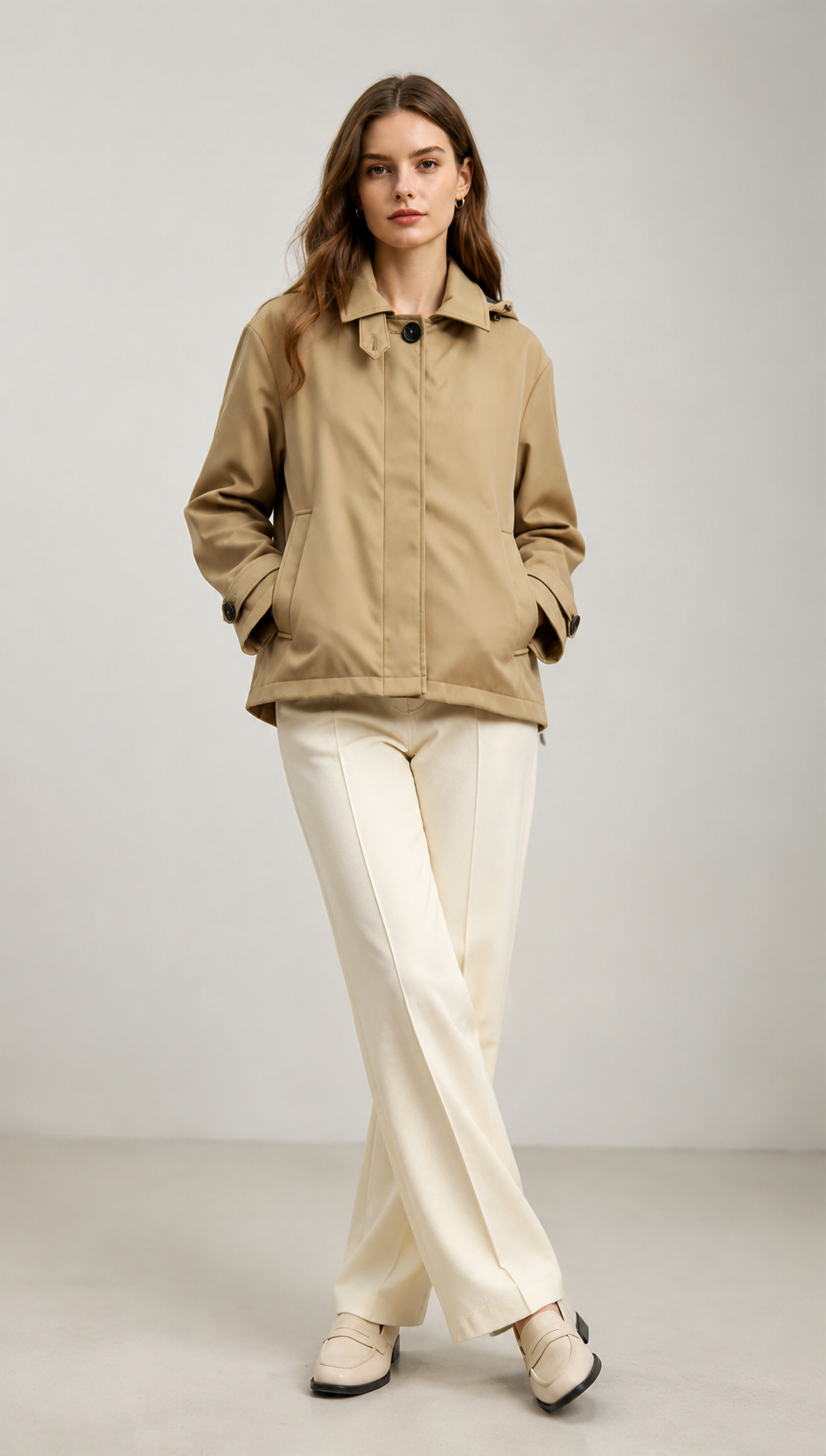 Beige Detachable Hooded Jacket with Plaid Lining WC-014