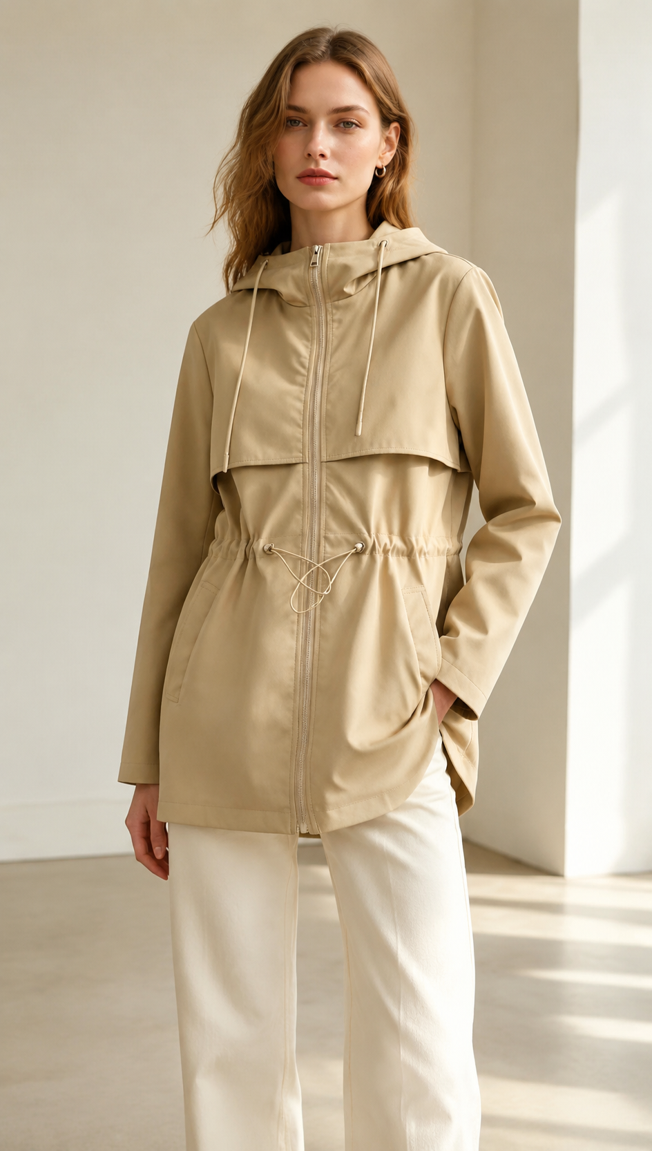 Beige Drawstring Waist Hooded Trench Coat WC-016