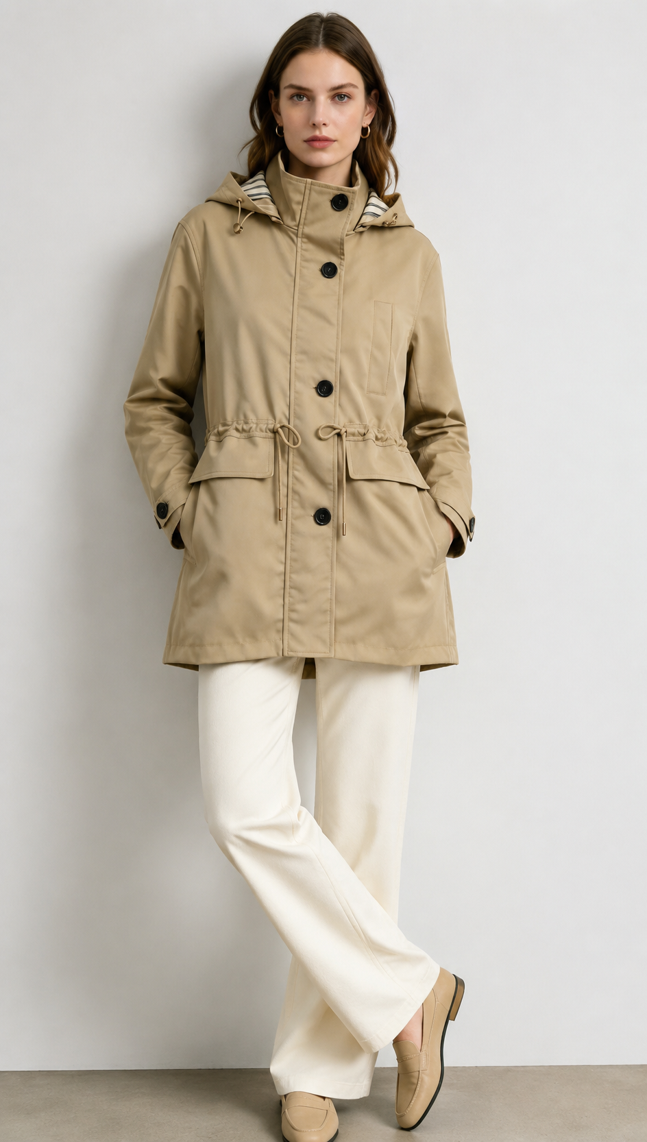 Beige Hooded Parka with Drawstring Waist & Striped Lining WC-017