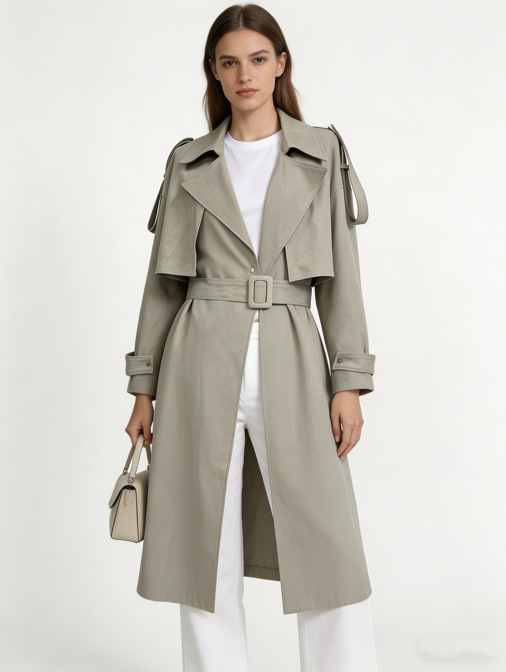 Minimalist Light Sage Green Trench Coat - Belted Oversized Lapel Jacket 57688