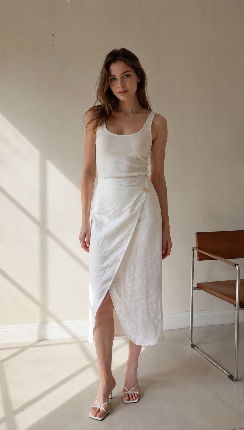 English: Minimalist Linen-Blend Wrap Midi Skirt with Asymmetrical Button AN-620037