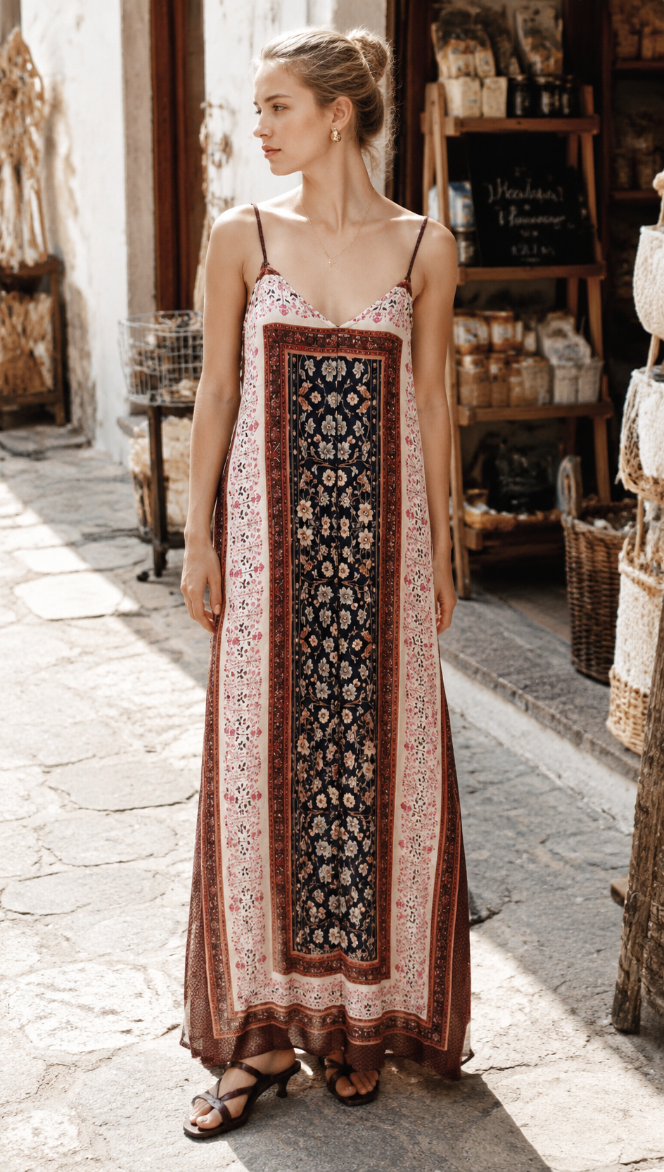  Boho Chic Placement Floral Print Slip Maxi Dress AN-620048
