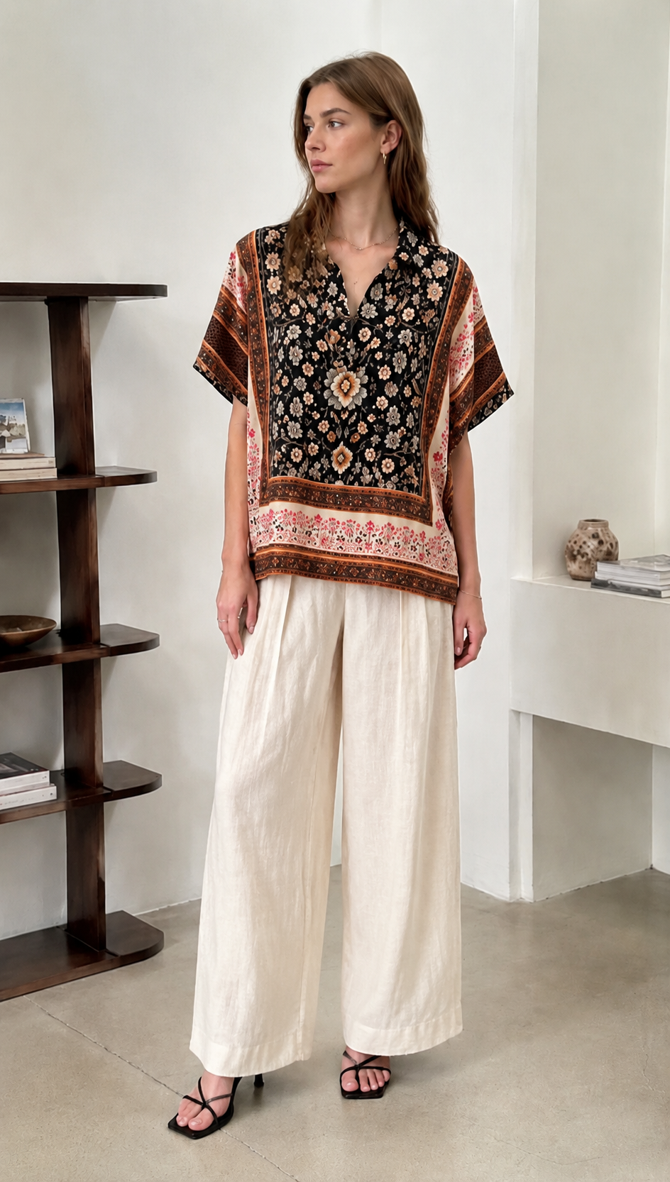 Boho Scarf Print V-Neck Camp Collar Relaxed Shirt AN-620049