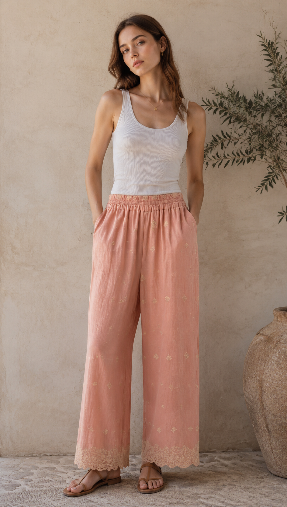 Minimalist High-Waisted Embroidered Wide-Leg Trousers AN-710002