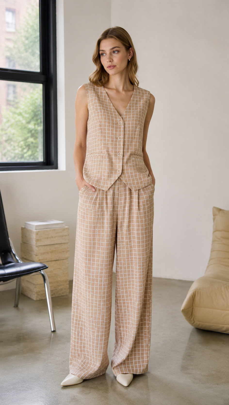 Minimalist Grid Print V-Neck Layering Vest AN-710012