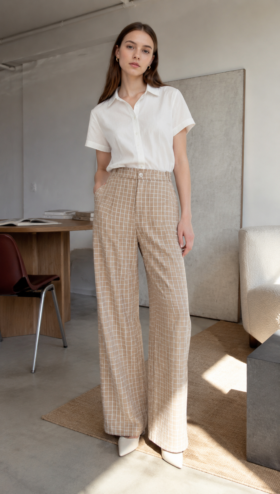 Minimalist Blue Grid Print High-Waisted Trousers AN-710016