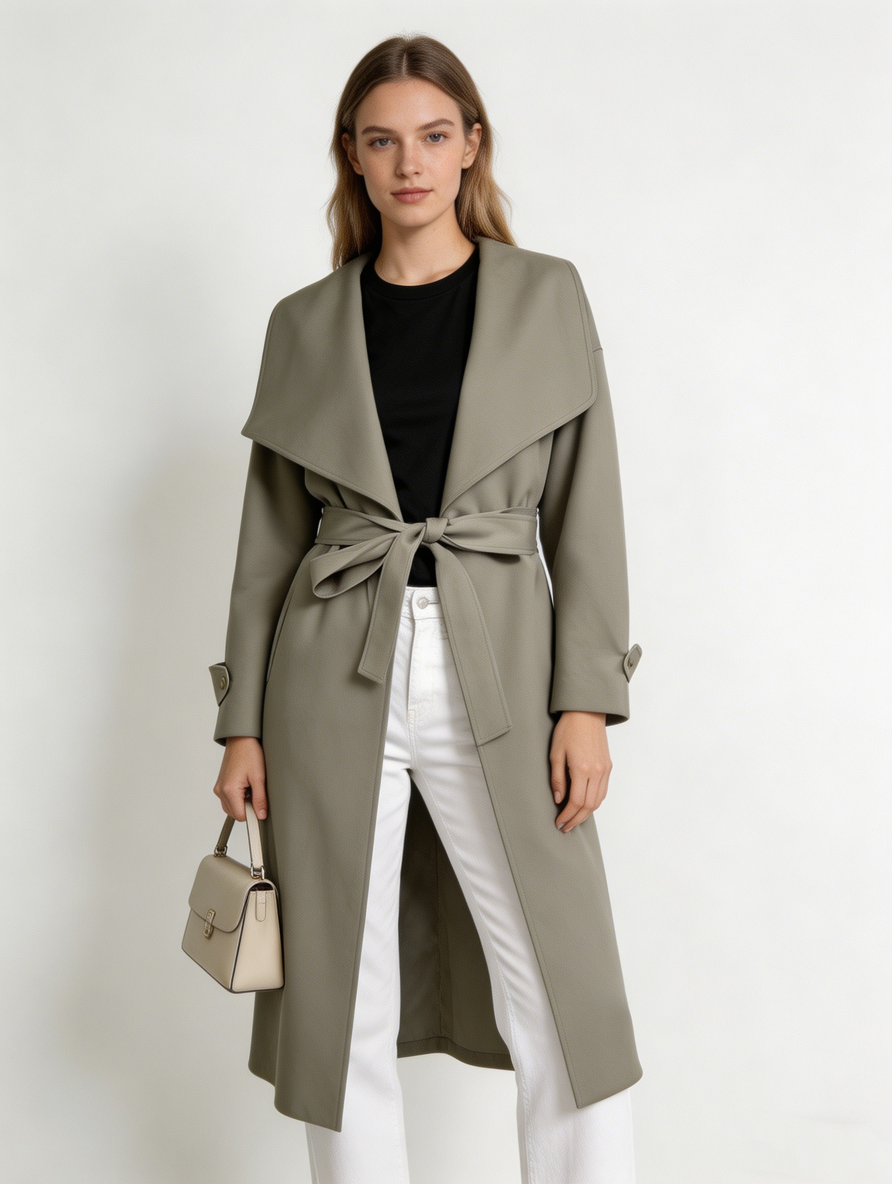 Minimalist Belted Trench Coat – Oversized Lapel Wrap Elegant Long Coat 57703
