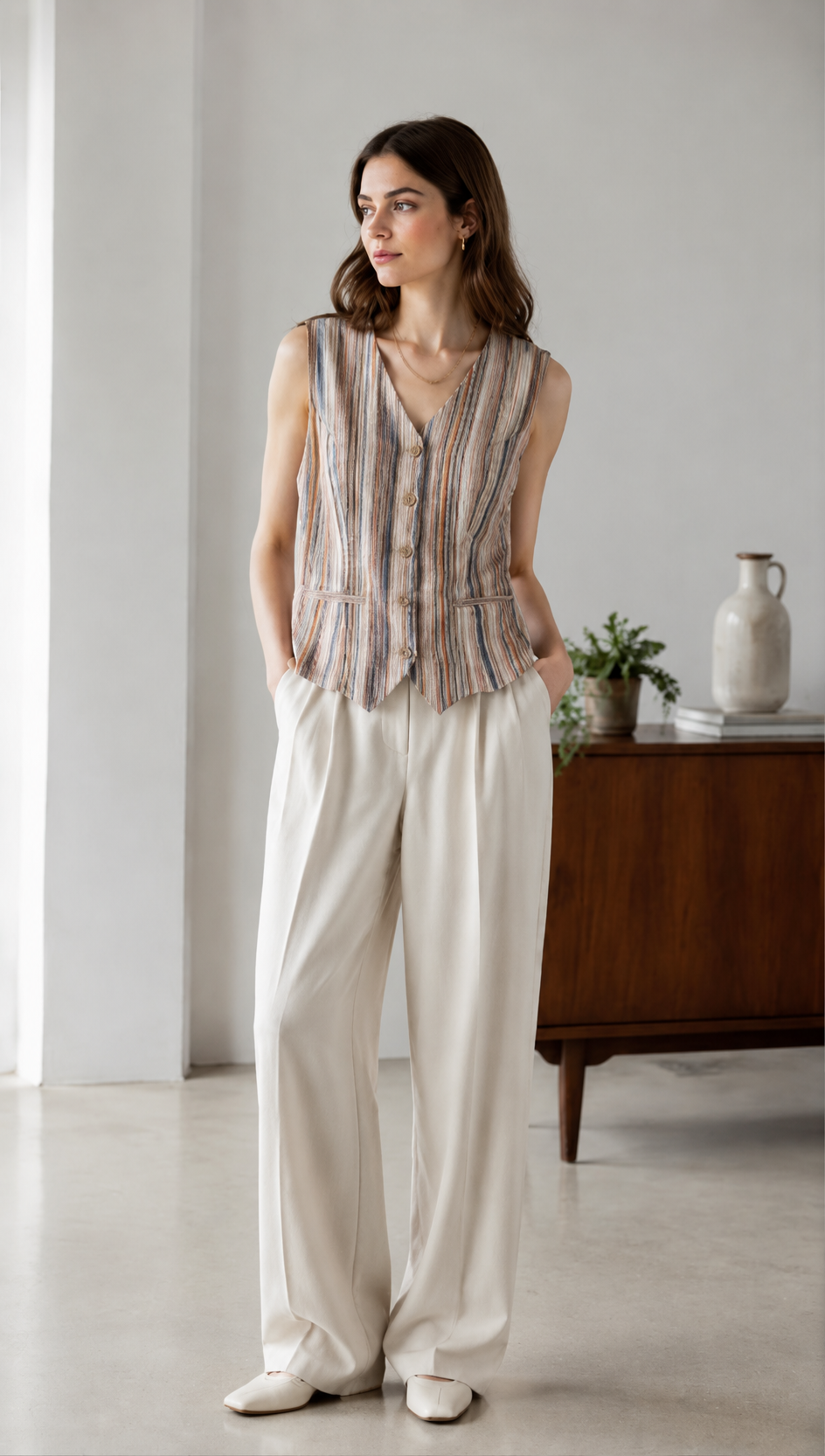 Minimalist Linen Striped V-Neck Layering Vest AN-710023