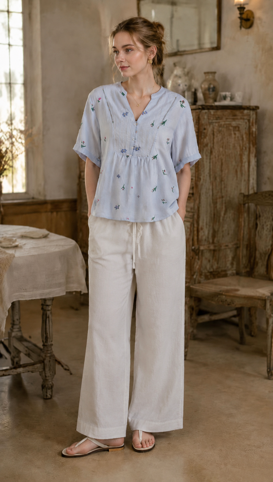 Minimalist Floral Embroidered Linen-Blend Top for Women AN-750003