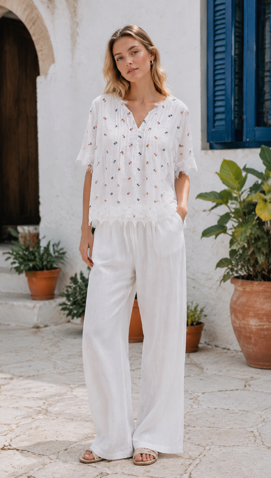 Minimalist White Floral Embroidered Lace Trim Top AN-750005