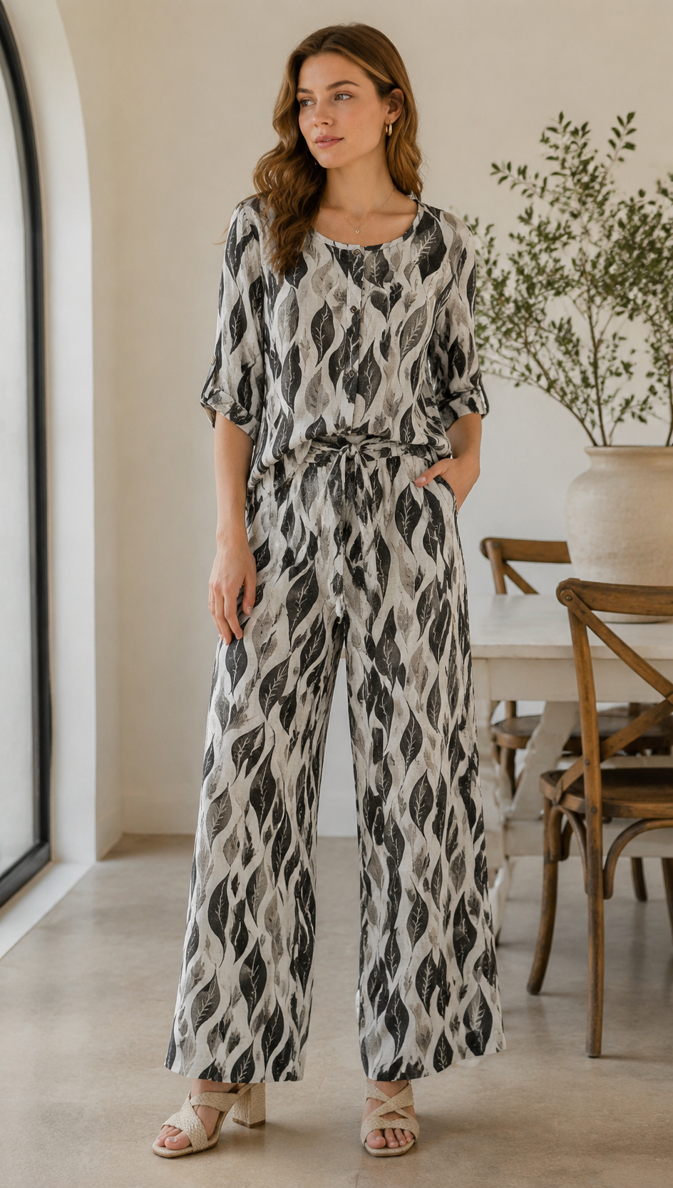 Minimalist High-Waisted Leaf Print Pants with Self-Tie Belt AN-750012